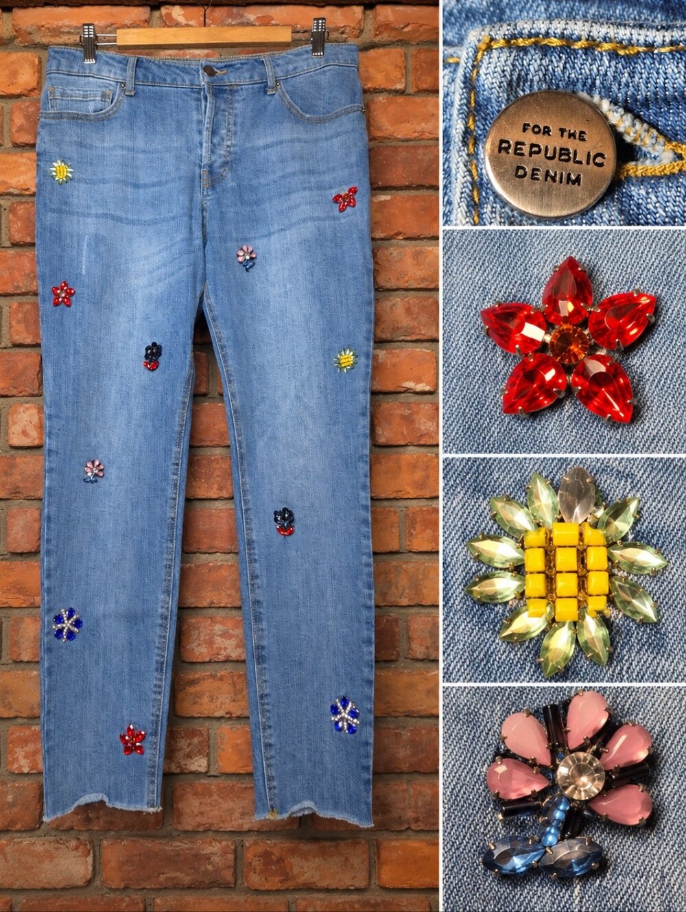 For The Republic Embellished Jeans 10/29 Rhinestone Floral Raw Hem Ankle